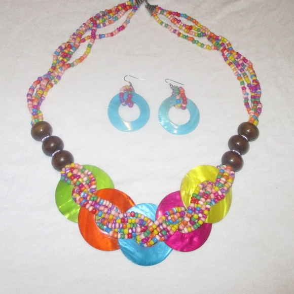 Vintage 80s Multicolor Necklace Earrings Colorful Chunky Beaded necklace twisted - Picture 7 of 8